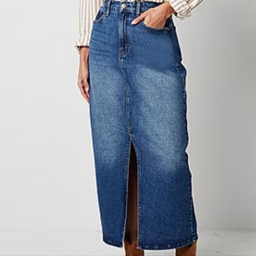 Tall High Rise Denim Front Slit Maxi Skirt Medium Wash